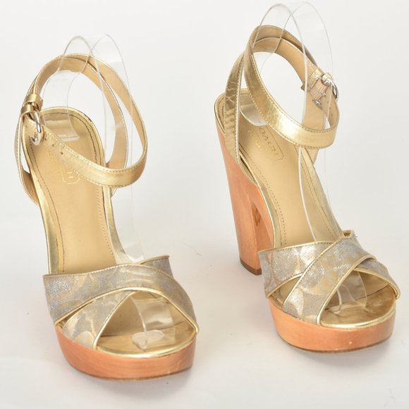 Coach Signature Canvas Wrap Around Strap High Wooden Heal Sandal Size 6.5 - Picture 1 of 8